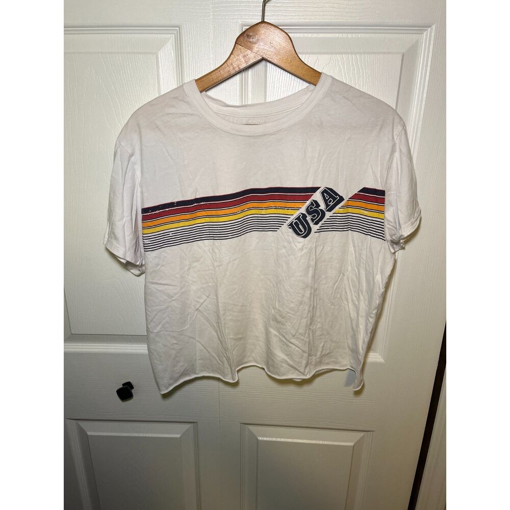 Grayson Threads USA Rainbow Stripe Graphic Crop Tee Womens XXL White